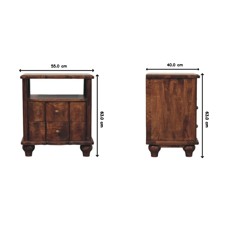 Solid Mango Wood Bedside Table with Smooth-Gliding Drawers and Ample Storage, Bedside Cabinet with Open Shelf, 40L x 55W x 63H cm, Brown