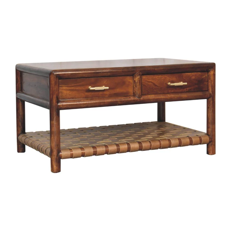 Solid Mango Wood Regency Woven Console Table with 4 Drawers, Desk for Display and Easy Organisation, 55L x 85W x 45H cm, Brown