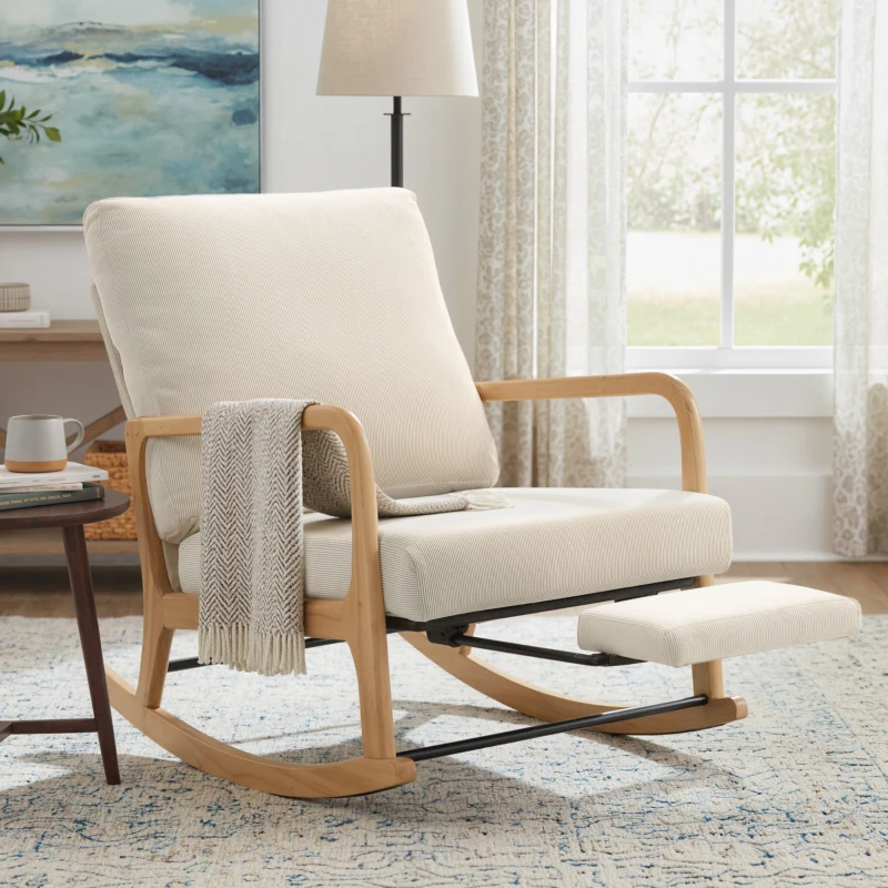 HOMCOM Poltrona Baloiço com Encosto Ajustável de Veludo Cotelê Nórdica Pés de Madeira Braços Almofada Lombar 70x89x97,5 cm Creme