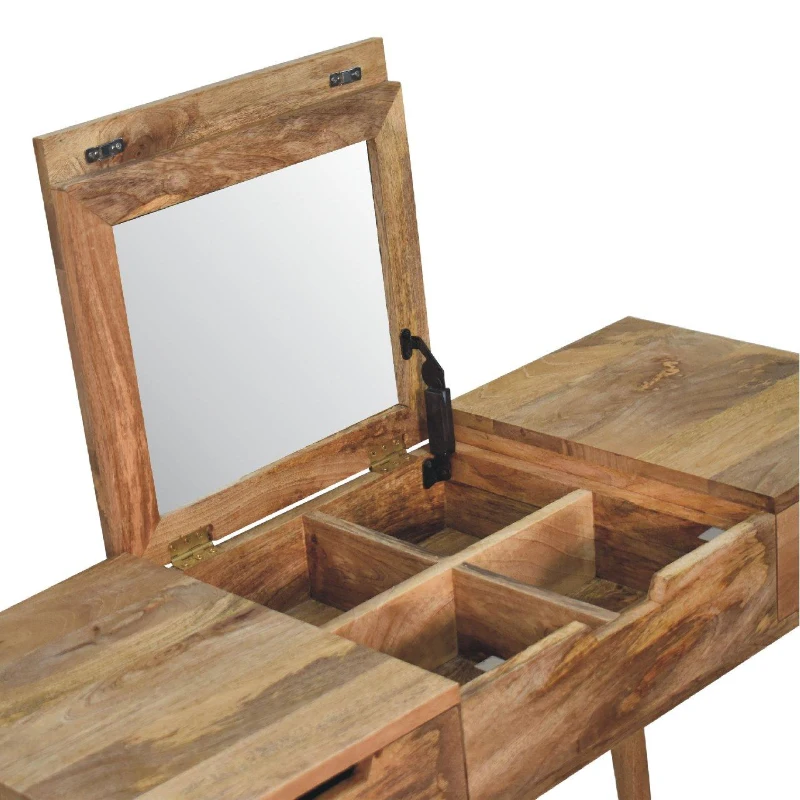 Solid Mango Wood Dressing Table with Mirror and 2 Smooth‑Gliding Drawers, Desk with 4 Storage Compartments, 40L x 100W x 78H cm, Brown
