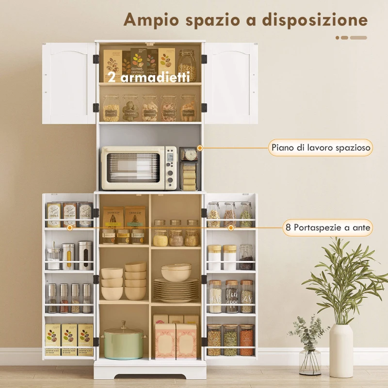 HOMCOM Credenza da Cucina Alta Stile Country, 2 Armadietti e 8 Portaspezie, 60x40x181.5 cm, Bianco