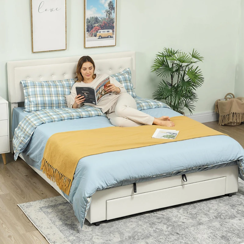 HOMCOM King Size Ottoman Bed Frame, with Front Drawer - Cream