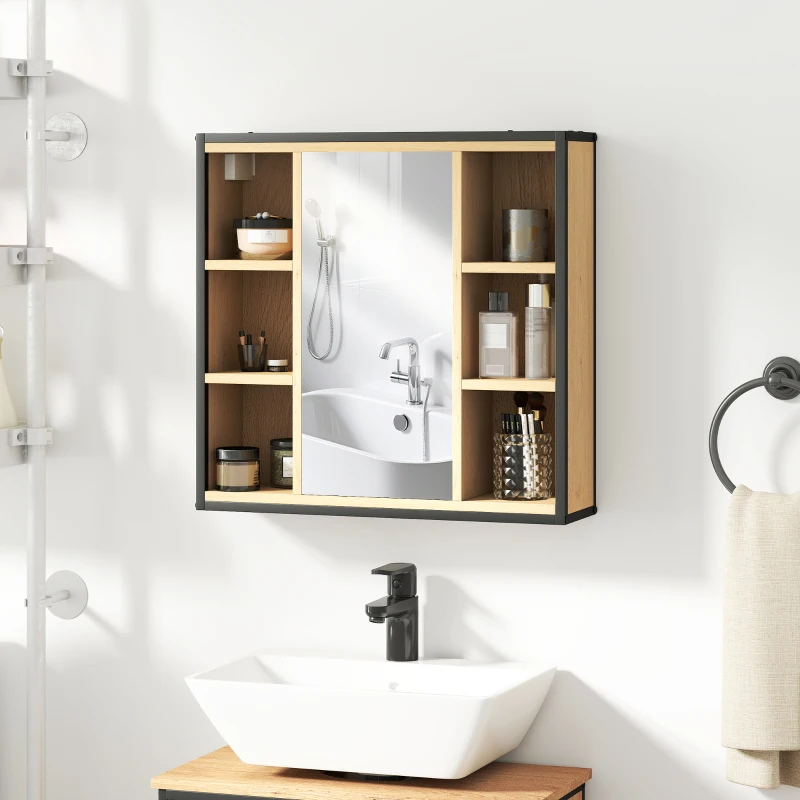 HOMCOM Armoire murale salle de bain avec miroir, 52 x 24,5 cm avec 6 compartiments ouverts et étagère réglable, chêne