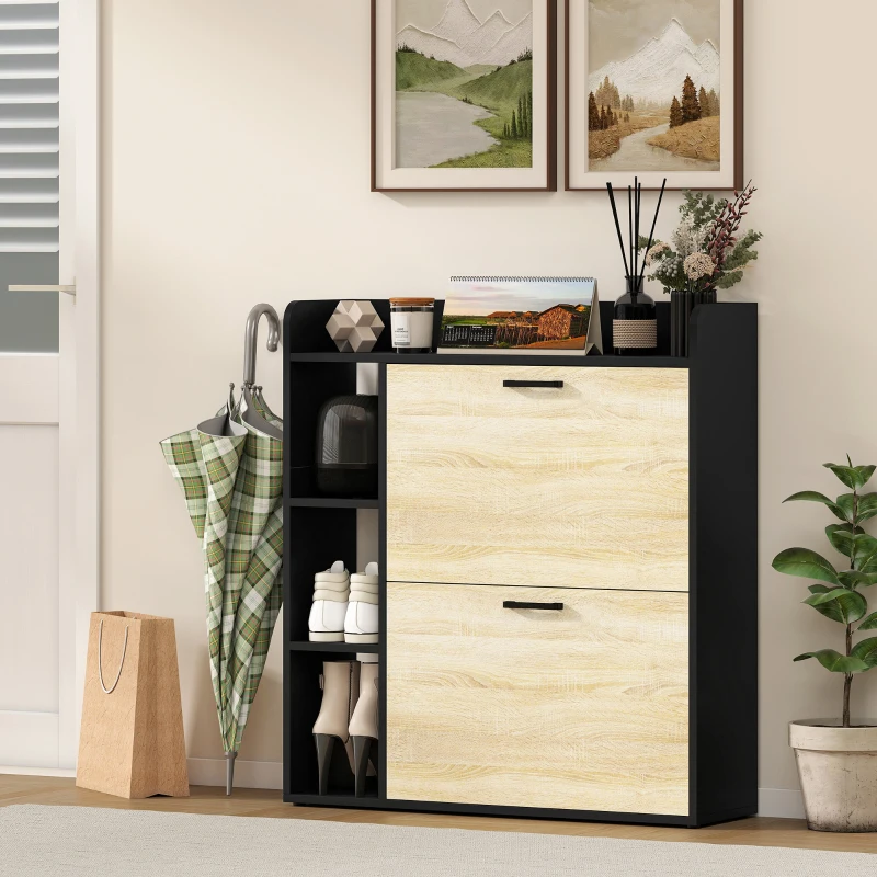 HOMCOM Sapateira Estreita com 3 Prateleiras Laterais e Prateleiras Ajustáveis para 15 Pares de Sapatos 83x24x90,5 cm Madeira e Preto