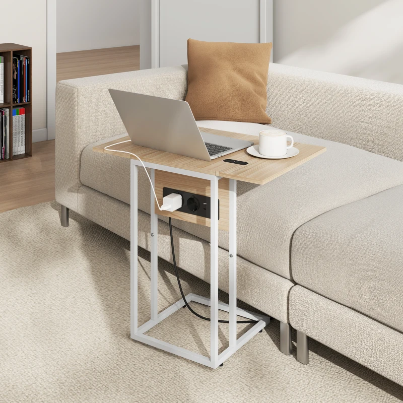 HOMCOM Mesa Auxiliar para Sofá con Encimera Plegable y Estación de Carga Forma de C para Salón Blanco y Natural