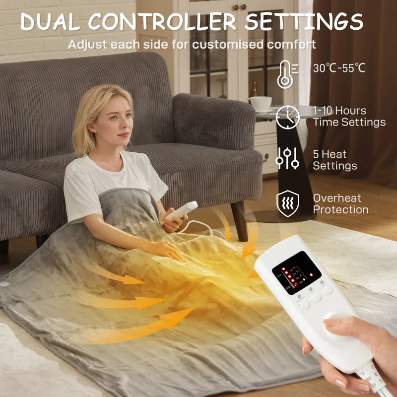 HOMCOM Electric Heated Blanket Throw 140 x 160cm with Dual Controllers, Machine Washable Heated Throw Blanket with Ultra Soft Flannel Fabric, 5 Heating Levels, 10 Hour Timer, Grey