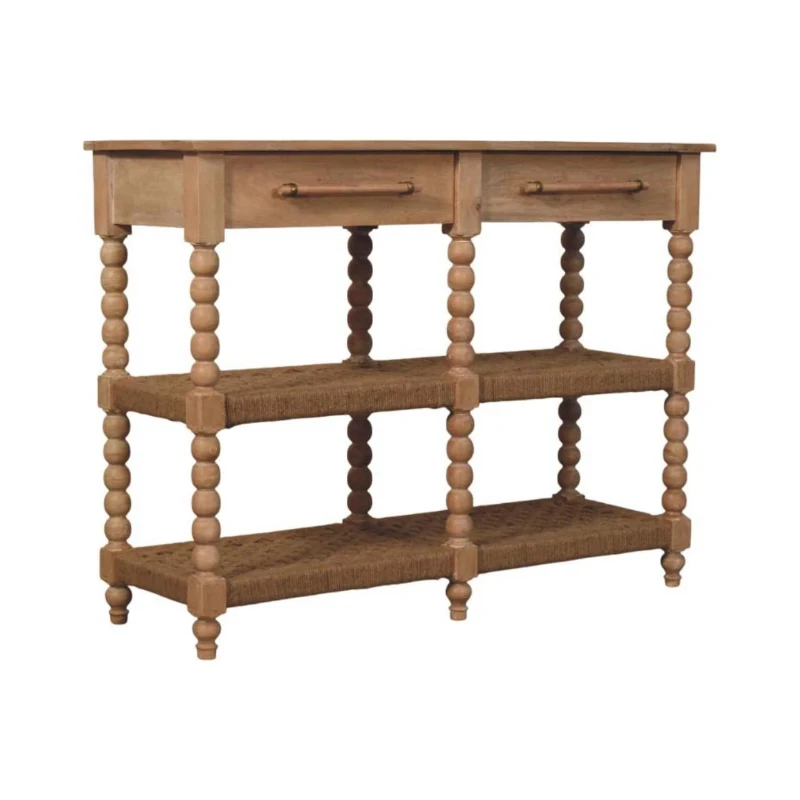 Solid Wood Savoy Bobbin Console Table with Shelves and 4 Shelves, Bedside Table with 2 Smooth-Gliding Drawers, 40L x 115W x 88H cm, Brown