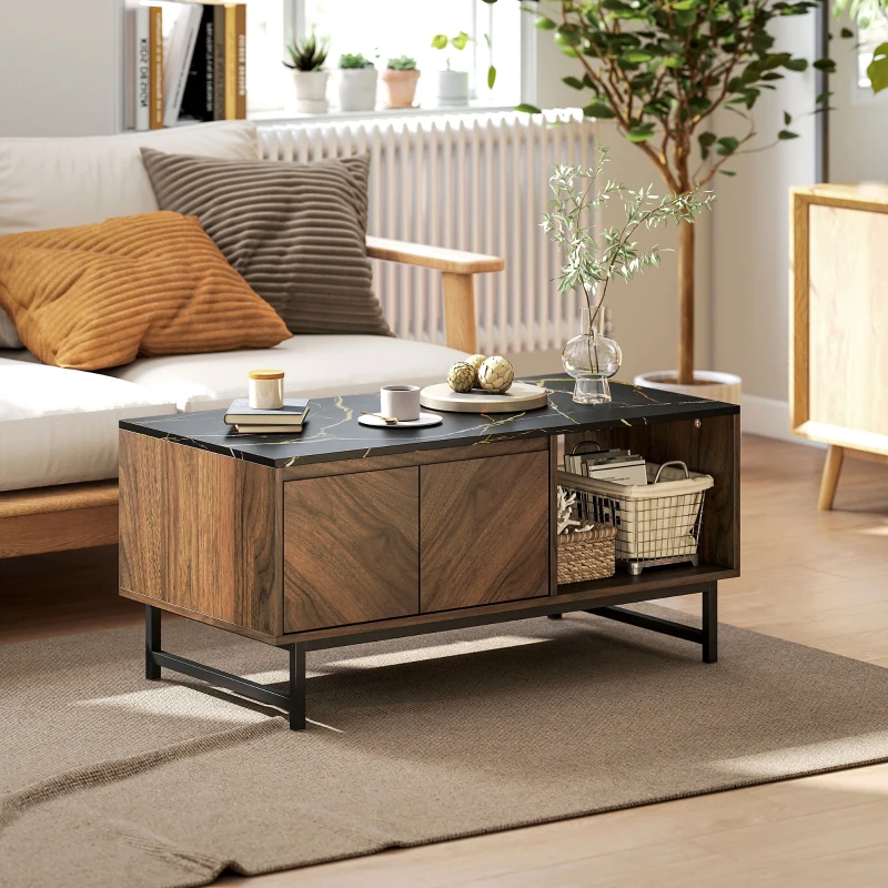 HOMCOM Table basse, table de salon, plateau effet marbre, 2 portes et 2 niches ouvertes, 100 x 50,8 x 45,7 cm, noyer