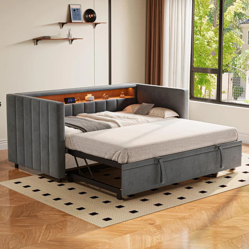 Space-Saving Pull-Out Double Bed with USB Type-C Charging and LED Lighting, Sleeper Sofa with Sturdy Wood, 201L x 100W x 73H cm, Dark Gray
