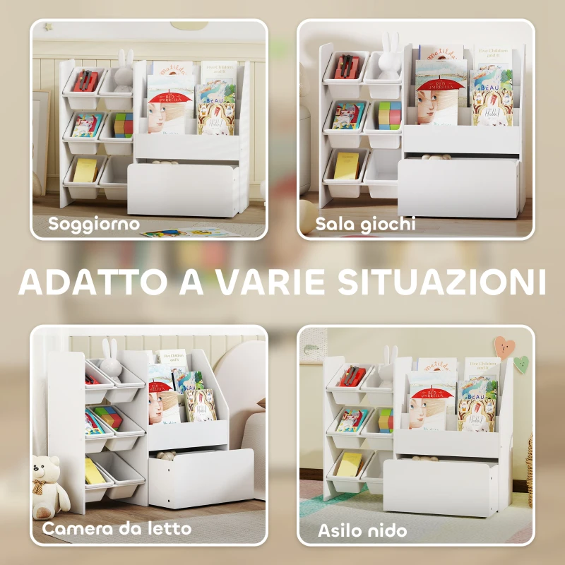 AIYAPLAY Scaffale Portagiochi con 6 Cesti, 3 Ripiani e Box Inferiore, in Legno, Plastica e Acciaio, 100x30x80 cm, Bianco