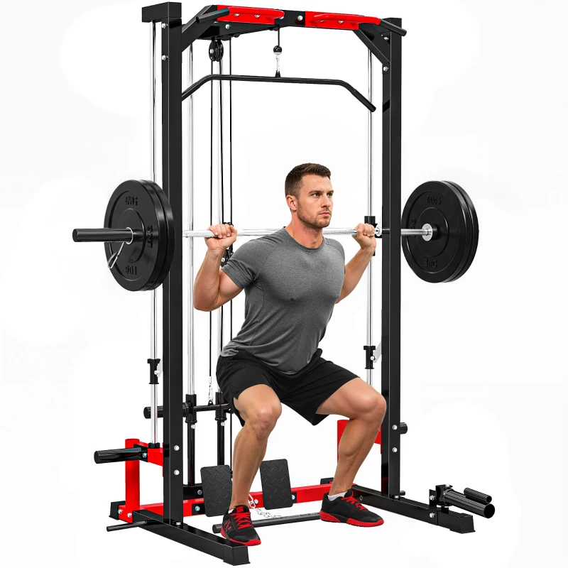 SPORTNOW Cable Crossover Machine, Multi-Function Power Rack with Pull Up Bar, Lat Pull Down System, Squat Rack, Barbell Bar