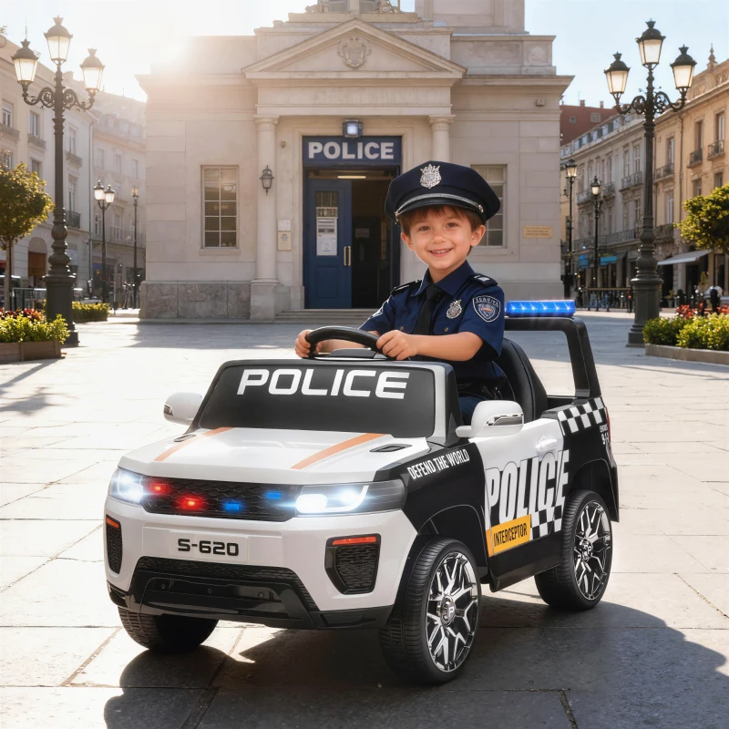 AIYAPLAY Voiture Électrique Enfant Police avec Télécommande Moteur Double Sirène Suspension 4 Roues et Phares Blanc