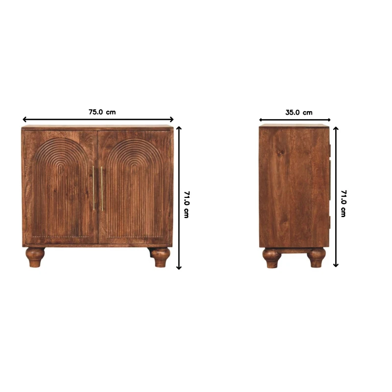 Solid Mango Wood Arco Groove Sideboard with Whimsical Animal Motif, 2-Door Sideboard Ideal for Living Room, 35L x 75W x 71H cm, Brown