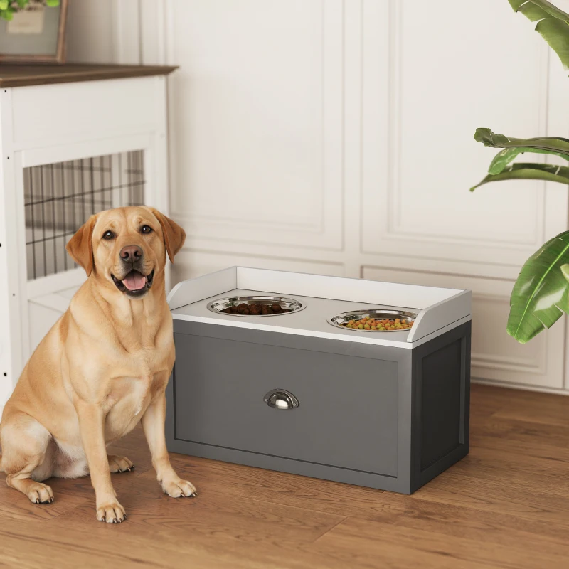 PawHut Gamelle double chien chat - porte-gamelles surélevé rangement 2 en 1 - tiroir, 2 gamelles - acier inox. MDF blanc gris
