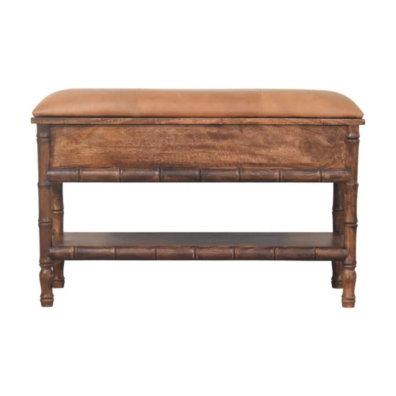 Solid Mango Wood Storage Bench with 2 Smooth-Gliding Drawers, High-Resilience Cushioned Seat with Shelf, 35L x 90W x 55H cm, Brown