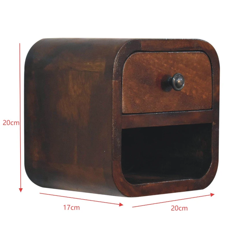 Solid Mango Wood Extra-Mini Curved Bedside Table with Open Shelf, Bedside Cabinet with Robust Steel Frame, 17L x 20W x 20H cm, Brown
