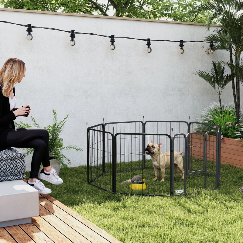 PawHut Parque para Cães Recinto 8 Painéis Modular e Dobrável Aço com Porta para Filhote Interior Exterior 60 cm Preto