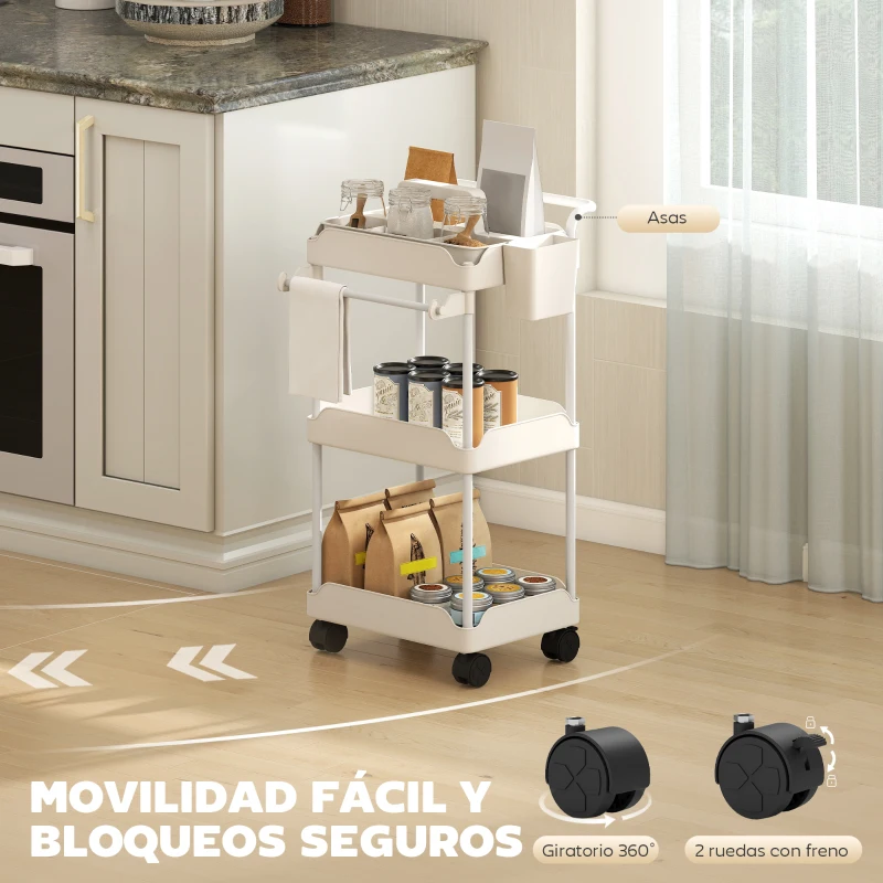 HOMCOM Carrito Auxiliar con Ruedas de 3 Niveles Carrito de Cocina con Cestas Extraíbles y Soporte para Toallas Blanco