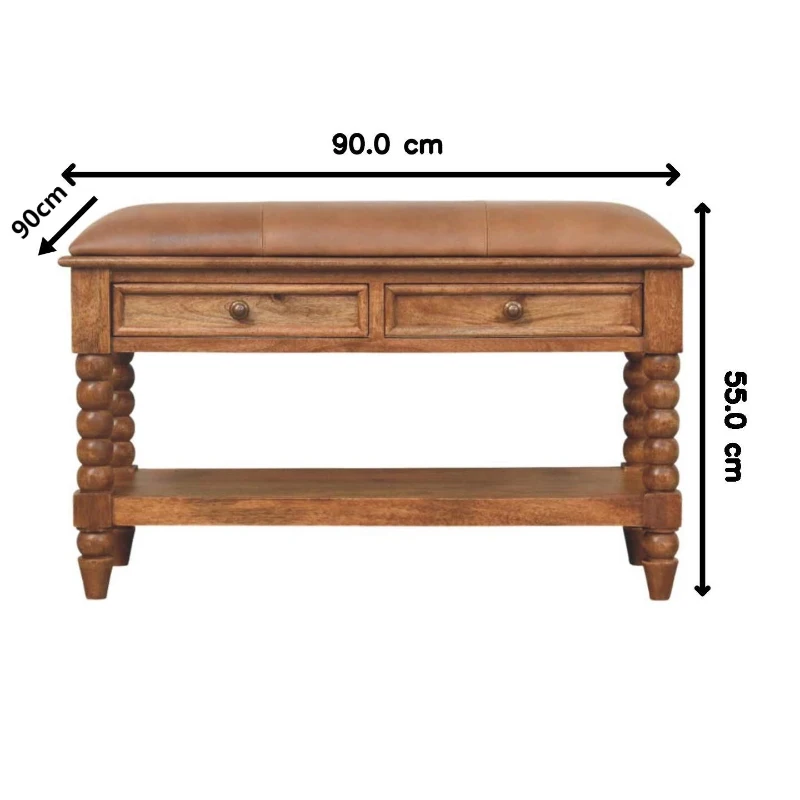 Solid Mango Wood Upholstered Spindle Bench with 2 Smooth‑gliding Drawers, Seat with Open Slot for Storage, 35L x 90W x 55H cm, Brown