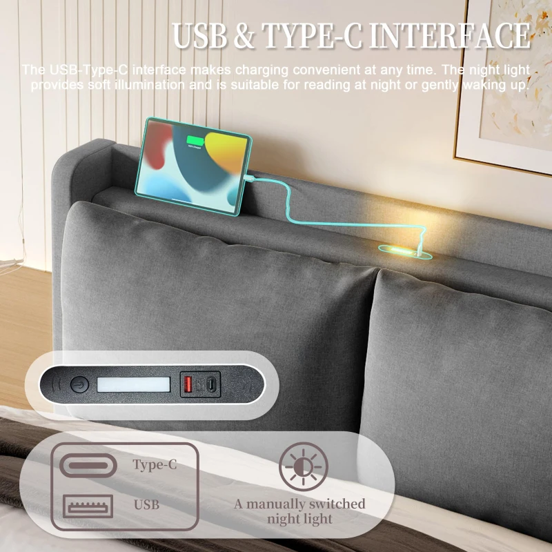 Modern Upholstered Bed with Headboard Shelf and Dual USB‑C Ports, Double Bed with LED Lighting, 142.5L x 200W x 114H cm, Dark Gray