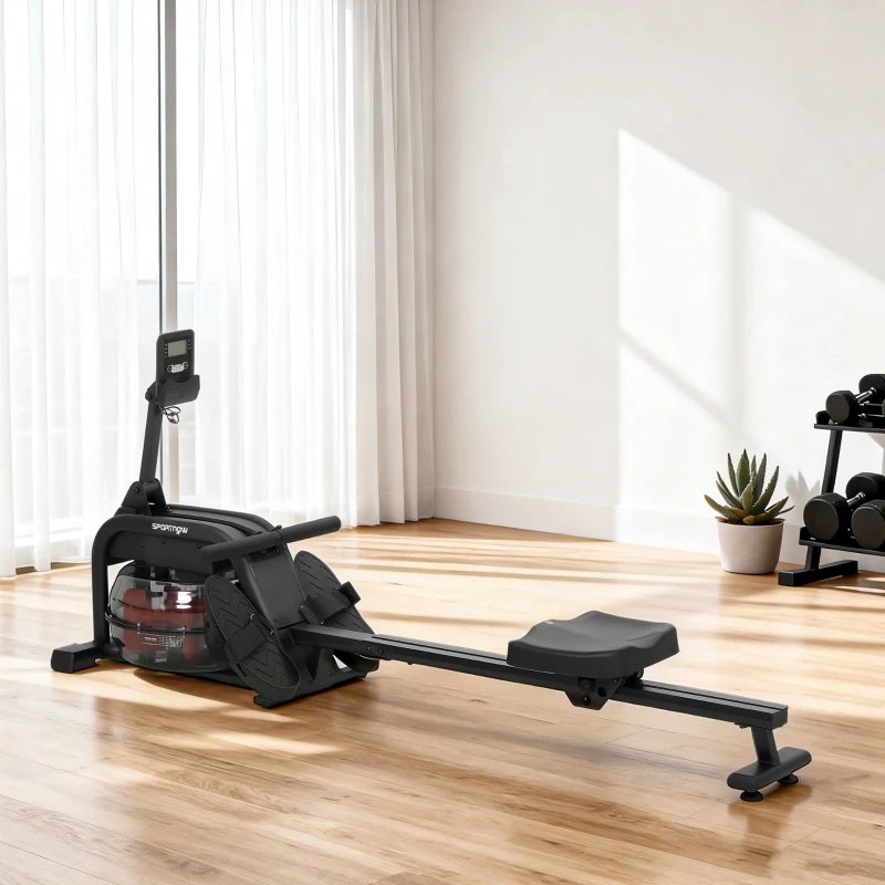 SPORTNOW Rameur à eau, rameur musculation d'appartement réservoir ajustable 6-11L écran LCD support de tablette 170x46x77cm noir
