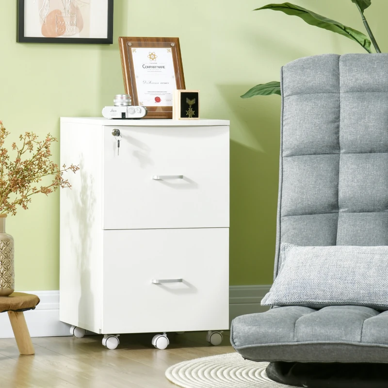 Vinsetto Caisson de bureau rangement sur roulettes dossier meuble armoire de bureau 2 tiroirs verrouillables en MDF panneaux de particules dim. 43L x 45l x 72H cm blanc