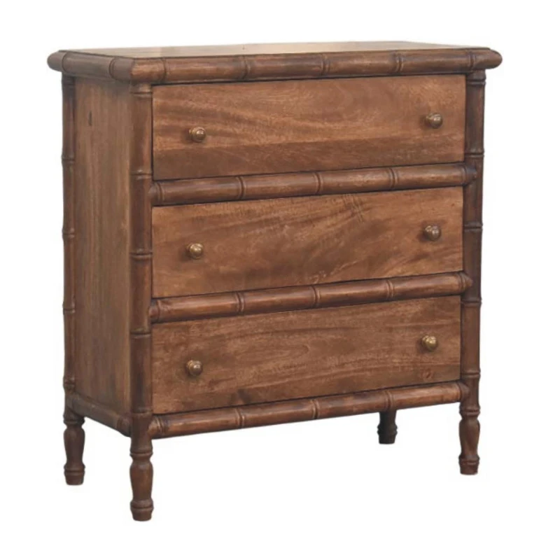 Solid Mango Wood 3-Drawer Chest with Turned Spindle Legs, Bedside Cabinet with Generous Organisation Drawers, 36L x 75W x 80H cm, Brown