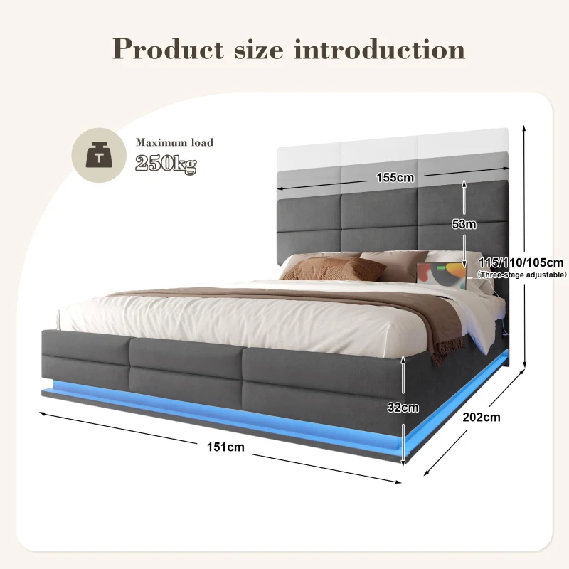 Modern Velvet Upholstered Bed with 3-Stage Adjustable Headboard, Double Bed with LED Lighting and USB, 155L x 202W x 115H cm, Dark Gray