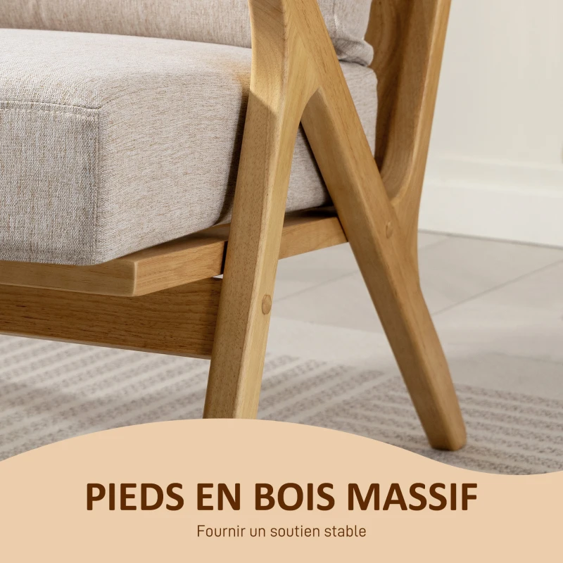 HOMCOM Fauteuil salon, fauteuil scandinave en tissu effet lin, coussins rembourrée et pieds en bois d'hévéa, 76x87x88cm, beige