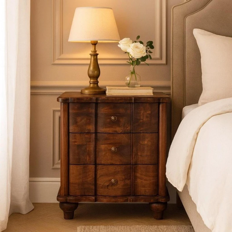 Solid Mango Wood Valencia Bedside Table with Hand-finished Surfaces, Bedside Cabinet with 3 Drawers for Storage, 40L x 55W x 63H cm, Brown