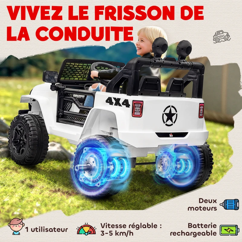 HOMCOM Voiture électrique Enfant Propulsion arrière 12 V 5 Km/h Max. télécommande Incluse Effets Lumineux sonores dim. 100L x 65l x 72H cm Blanc
