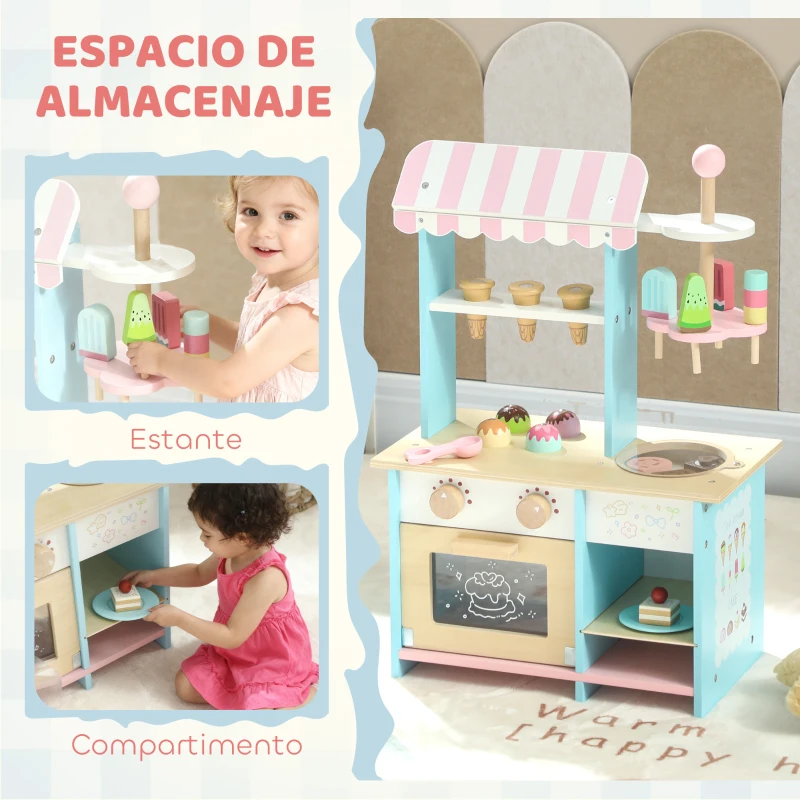 AIYAPLAY Heladería Pastelería de Madera 2 en 1 para Niños con Horno 17 Accesorios de Cocina Regalo para Niños y Niñas de +24Meses