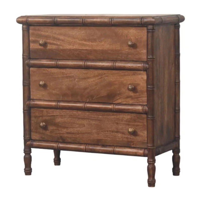 Solid Mango Wood 3-Drawer Chest with Turned Spindle Legs, Bedside Cabinet with Generous Organisation Drawers, 36L x 75W x 80H cm, Brown