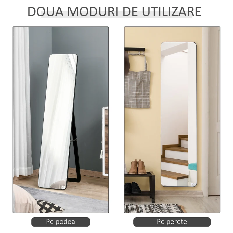 HOMCOM Oglindă de Podea sau Perete cu Cadru din Lemn, Oglindă cu Suport, Pliabil cu Balama, 37x43x156 cm, Nuc