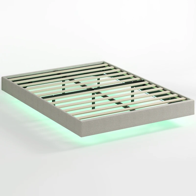 HOMCOM Estrutura de Cama Flutuante 140x190 cm com Iluminação Led Cama de Casal Estofada em Linho Estrado de Ripas em Madeira Bege