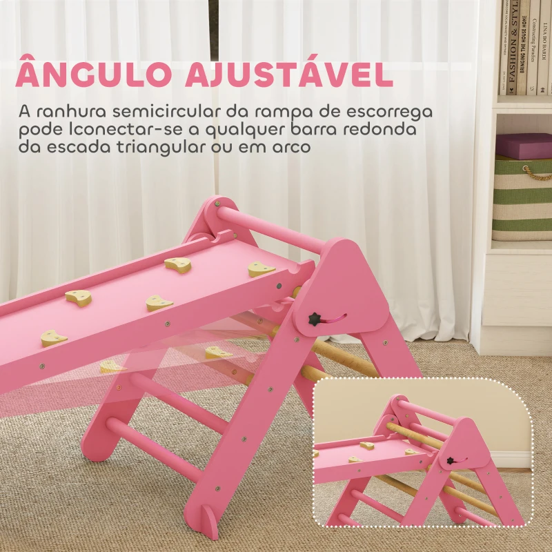AIYAPLAY Triângulo de Escalada 7 em 1 com Arco e Rampa Escalada para Crianças de Madeira Dobrável para 18-48 Meses 188x70 cm Rosa