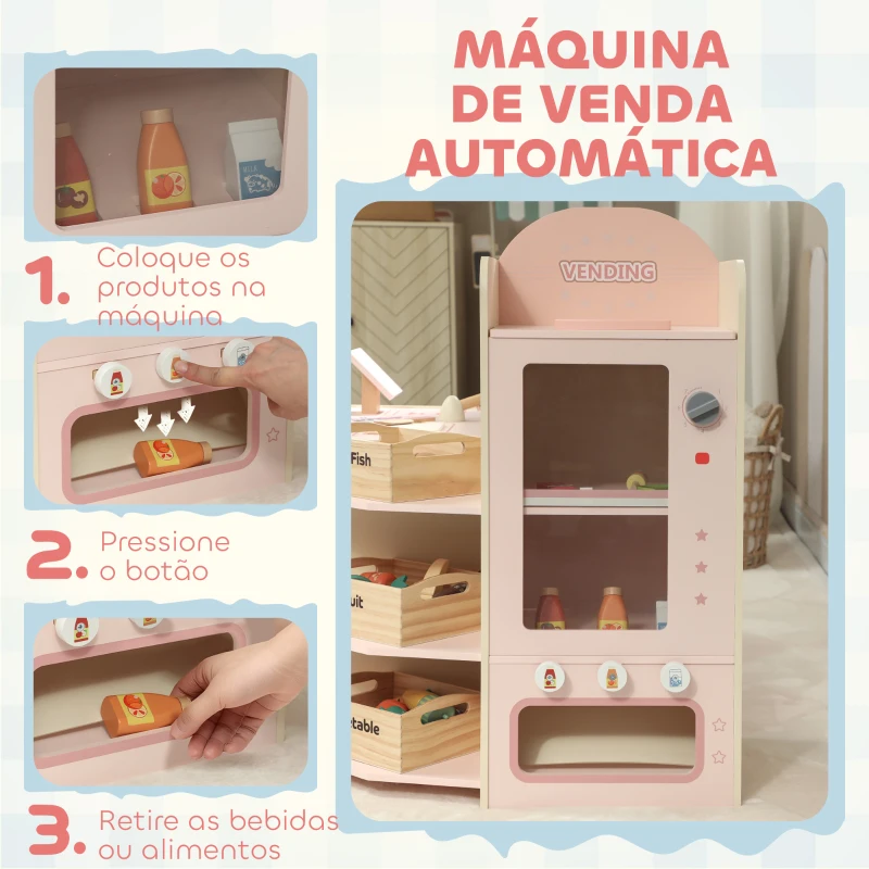AIYAPLAY Supermercado de Brinquedo em Madeira Loja com Caixa Registadora Máquina de Venda Automática 3 Prateleiras Abertas 4 Compartimentos 90,7x60x73,8 cm Rosa