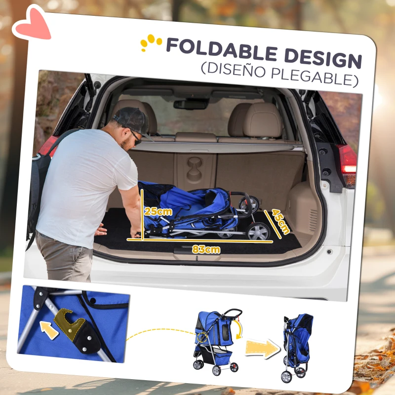PawHut Carrito para Perros Pequeños con Cesta de Almacenaje Ventanas de Malla y 2 Ruedas Universales 75x45x97 cm Azul