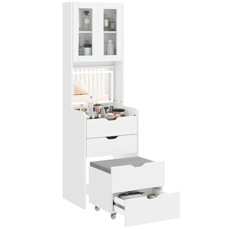 HOMCOM Tocador de Maquillaje con luces LED de 3 Colores Espejo Abatible y Taburete Acolchado 3 Cajones y Estantes Blanco