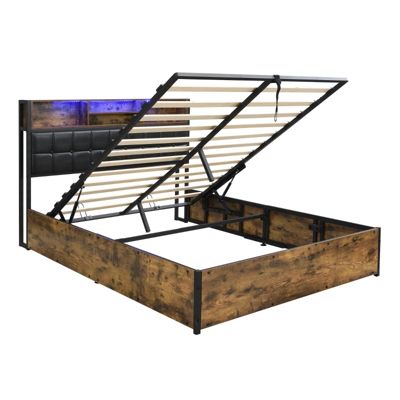 Hydraulic Storage Bed with Charging Sockets and LED Strip, Double Bed with Hydraulic Storage, 208L x 141W x 107H cm, Black+Neutral