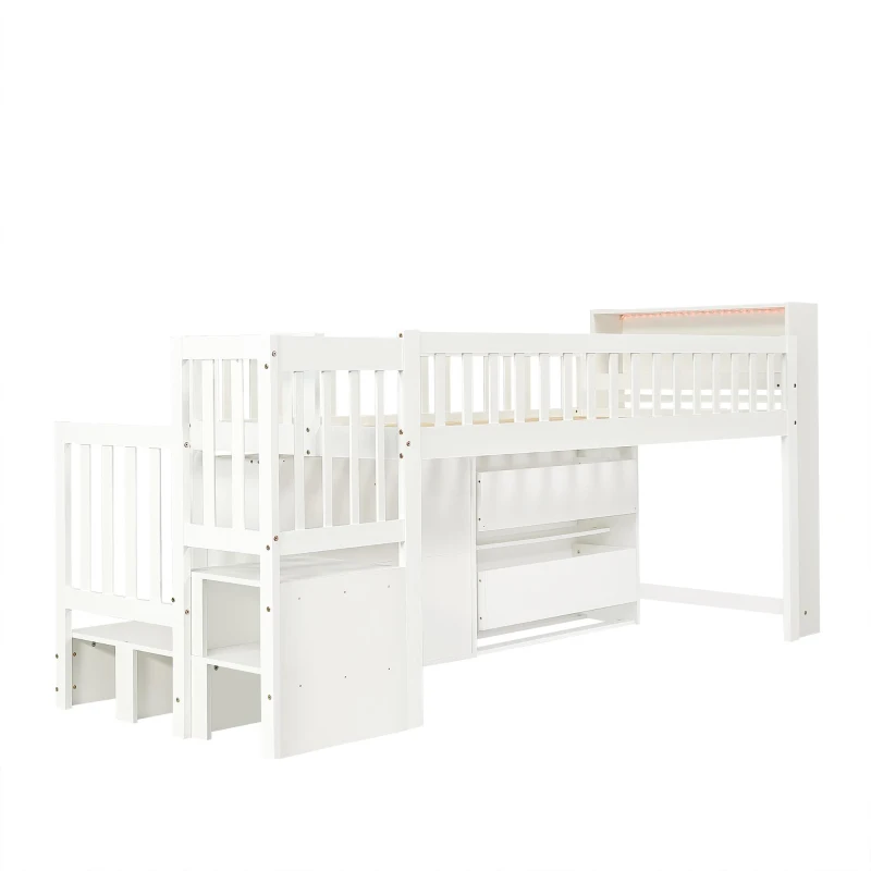 3ft Single Wooden Storage Bed with Headboard Storage and Colourful LED Strips, Single Bed with 2 Drawers, 262L x 95W x 120H cm, White