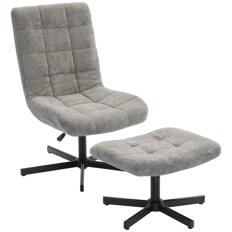 HOMCOM Poltrona de Sala com Apoio para Os Pés Cadeira Giratória Altura Ajustável Encosto Reclinável 66x80x93-104 cm Cinzento