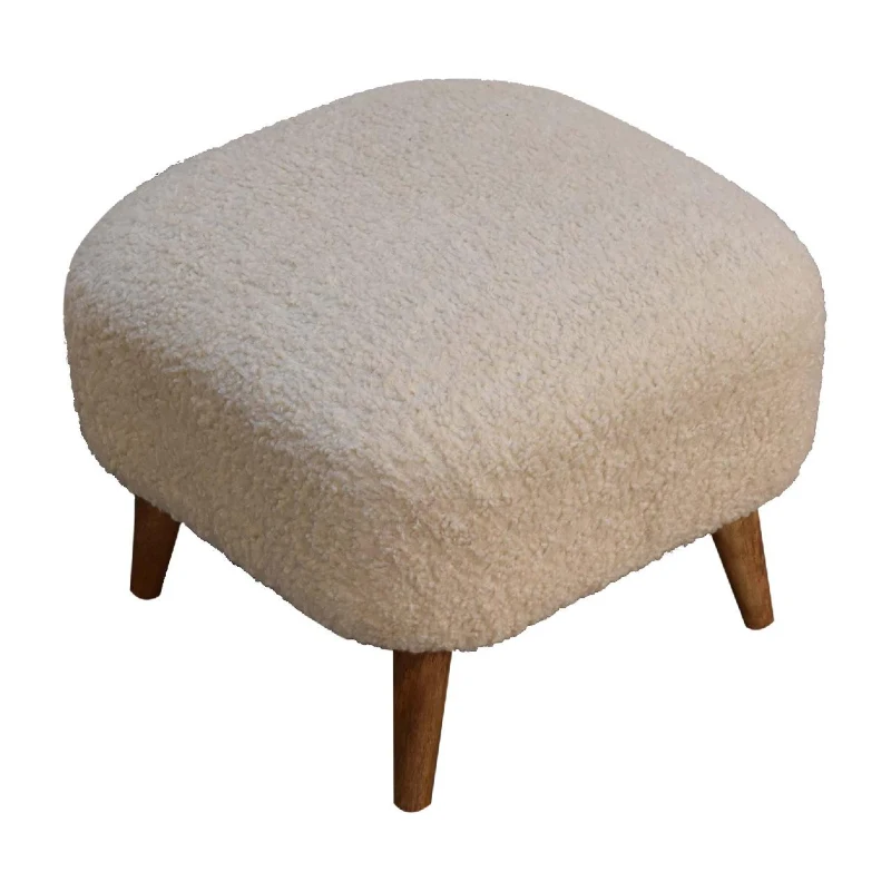 Solid Mango Wood Bouclé Square Footstool with Space-Saving Profile, Upholstered Footstool with Nordic Slim Legs, 40L x 40W x 35H cm, Brown