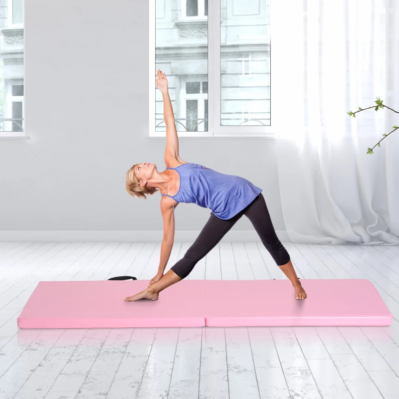 HOMCOM Tapete de Ginástica Yoga Pilates Fitness Dobrável Portátil Grande Conforto 180x60x5 cm Revestimento Sintético Rosa