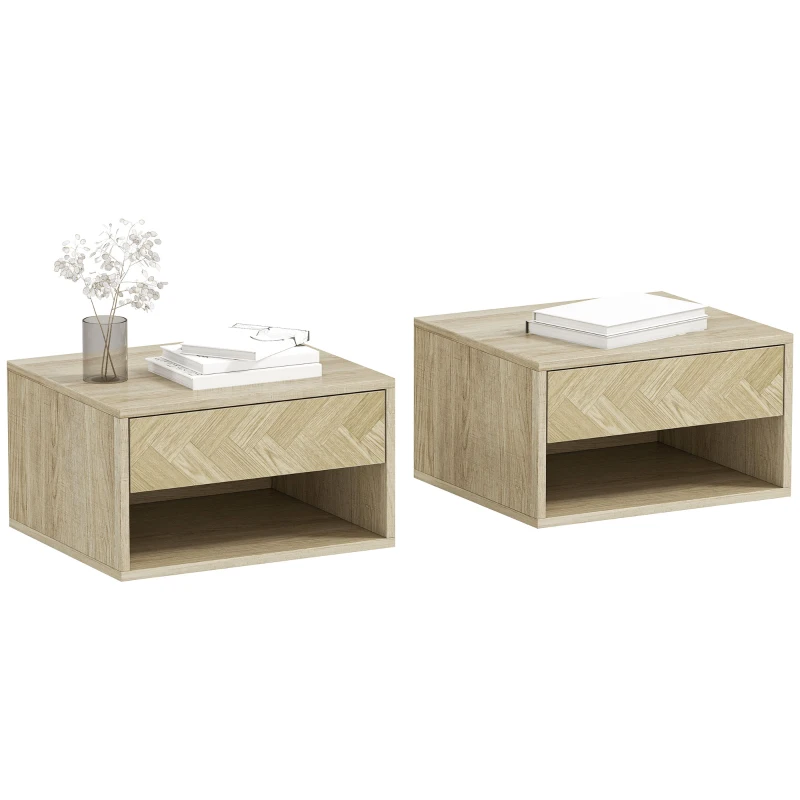 HOMCOM Set of 2 Modern Wall-Mounted Nightstands with Drawer and Open Shelf, 37x32x21 cm, Natural Wood