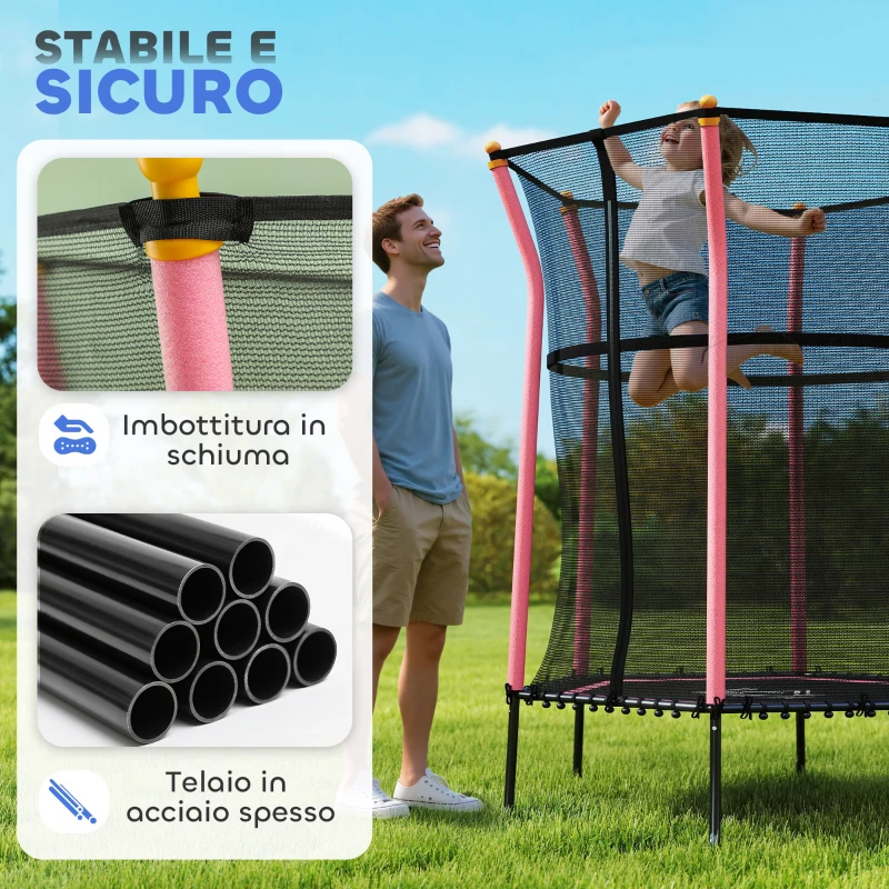 HOMCOM Tappeto Elastico per Bambini con Ingresso a Cerniera e Pali Imbottiti, in Acciaio, PP e EPE, Ø163.5x190 cm, Rosa