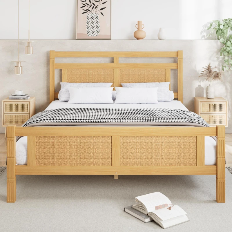 4ft6 Double Bed with Natural Timber Finish and MDF Back Panel, Upholstered Bed with Sturdy Plywood Slats, 199L x 142W x 98H cm, Natural