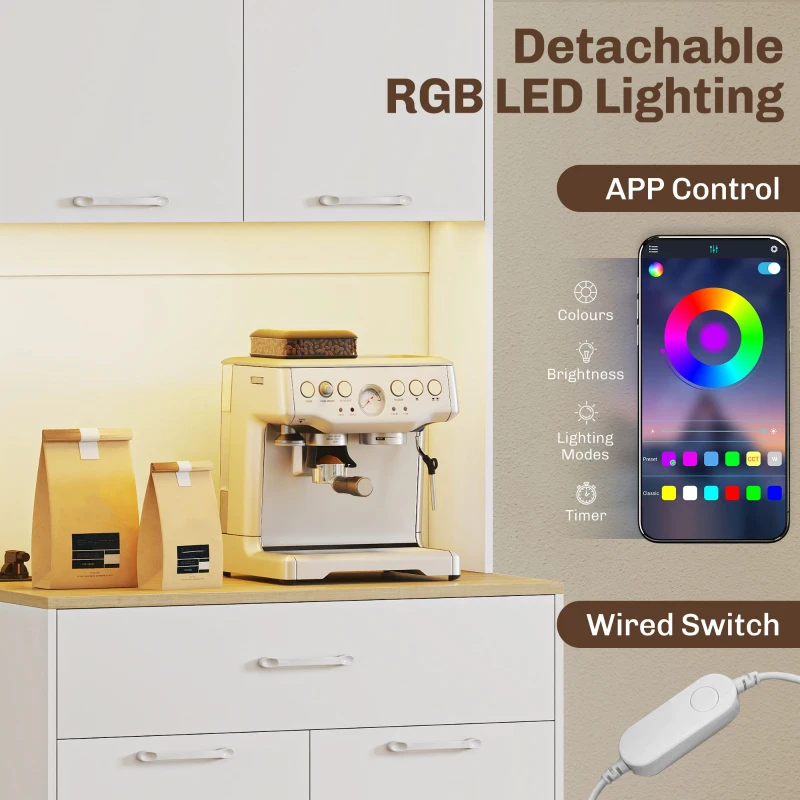 HOMCOM Credență Modernă cu Lumini, Prize USB, 2 Dulapuri și Sertar Alb