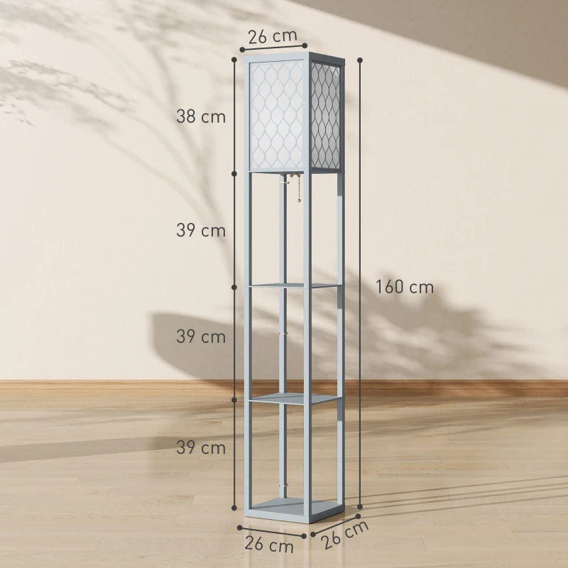 HOMCOM Candeeiro com Prateleiras Candeeiro de Pé para Sala 3 Níveis Interruptor de Puxar 26x26x160 cm Cinza e Branco