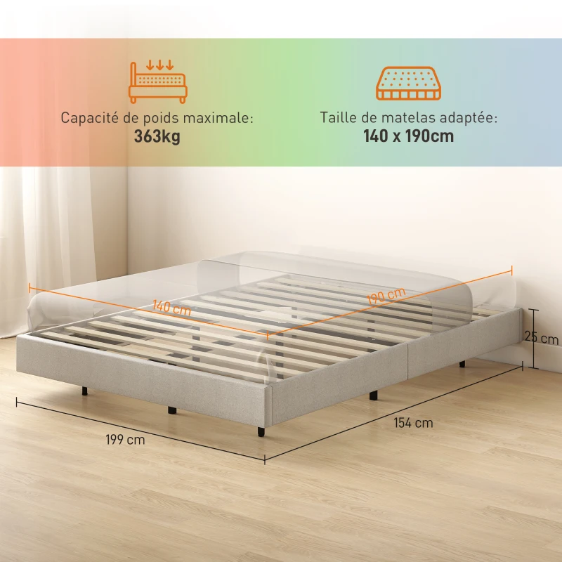 HOMCOM Estrutura de Cama Flutuante 140x190 cm com Iluminação Led Cama de Casal Estofada em Linho Estrado de Ripas em Madeira Bege